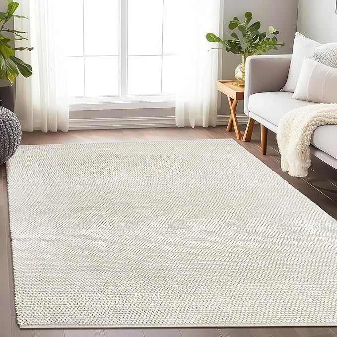 Handwoven Wool Cotton Blend Area Rug 6x9', Textured Popcorn Braided Ivory Rug, Soft Thick Farmhouse Contemporary Living Room Carpet, Neutral Modern Decorative Floor Rug