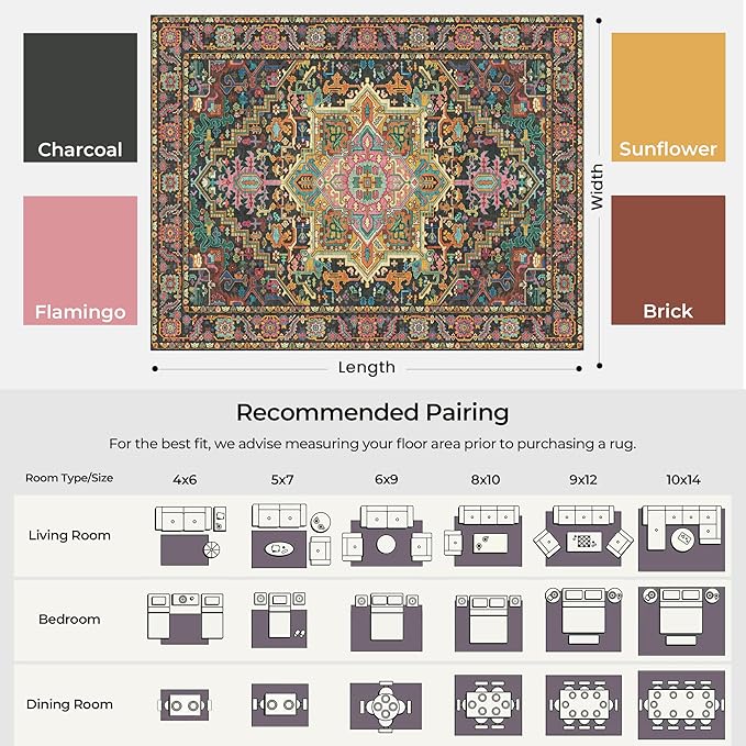 Kokia 8x10 Washable Black and Pink Area Rugs with Vintage Orient Design Soft Rug for Living Room or Bedroom Non-Slip Low Pile Stain Resistance Features Distressed Medallion Pattern