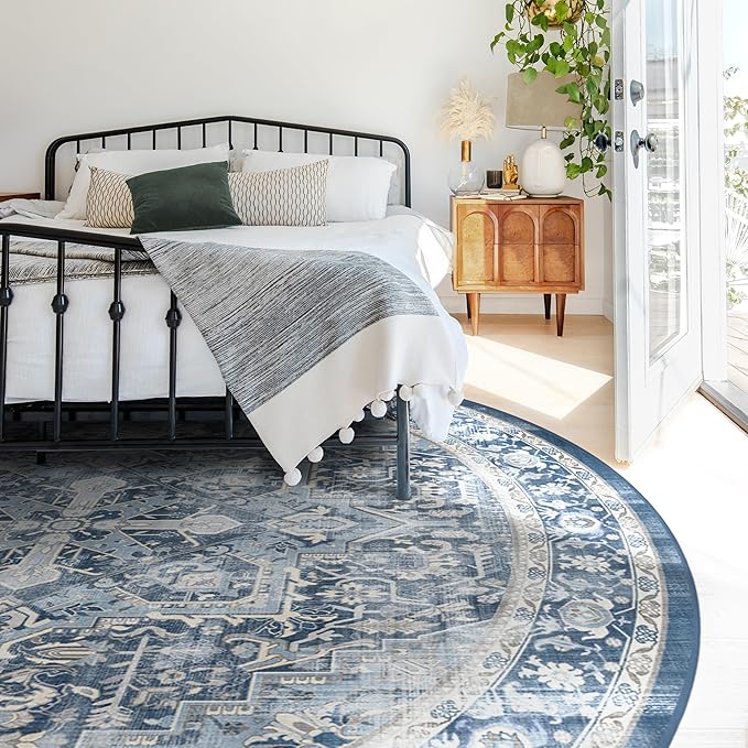 RUGGABLE Washable Area Rug – Kamran Admiral Blue 6 ft Round, Stain-Resistant, Non-Slip – Medium Machine Washable Rugs for Living Room, Bedroom, Hallway, Entryway & Office–with Cushioned Pad