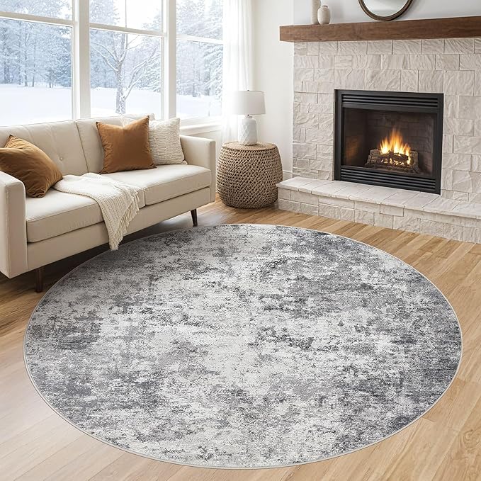 6ft Round Area Rug Living Room Rugs - 6x6 Washable Neutral Modern Abstract Soft Thin Rug Indoor Floor No Slip Rug Carpet for Bedroom Under Dining Table Home Office Decor - Grey