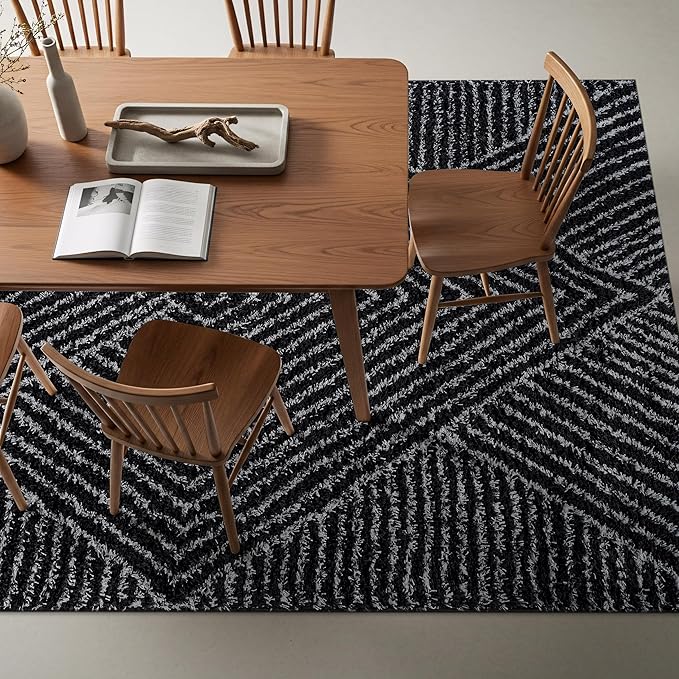 Rugshop Geometric Diamond Stripe Shag Area Rug Anthracite Dark Gray 5' x 7' Great for Bedrooms, Living Rooms, or Under Coffee Tables