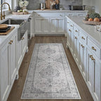 HUGEAR 2x6 Runner Rug Hallway Vintage Grey Machine Washable Neutral Floral Low Pile Carpet Vacuumable Thin Long Throw Rug Bedroom Office Bathroom Kitchen Laundry Non Slip Soft Lightweight