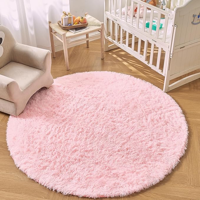 Andency Pink Round Area Rug for Bedroom, Shag Fuzzy Plush Circle Rug 7'X7' for Room, Cute Fluffy Circular Carpet for Dorm Playroom