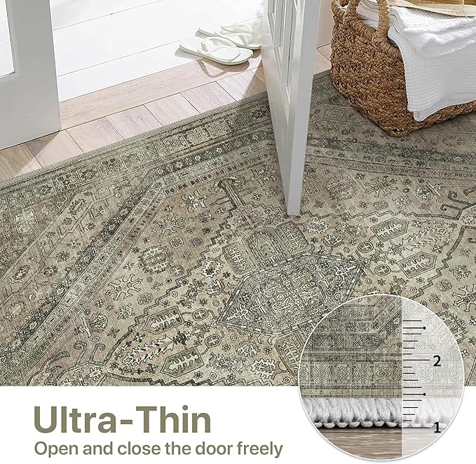 Bavni Washable Rug 3x5 Area Rug for Living Room Bedroom Dining, Washable Vintage Print Carpet, Ultra-Thin Chenille Low Pile Lightweight Rug with Non Slip Backing, Tan