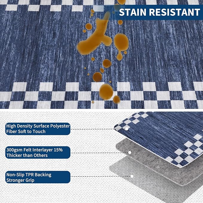 GarveeHome 4x6 Area Rug Small Washable Living Room Rug Scalloped Rug with Rubber Backing Stain Resistant Low Pile Dining Room Throw Carpet Modern Bordered Mat for Bedroom Kitchen, Blue