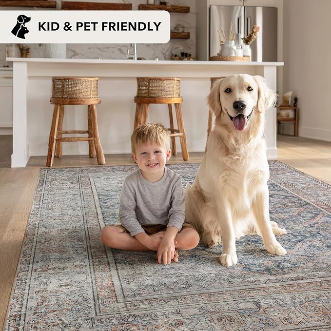 Kuden 9x12 Large Area Rug, Machine Washable Area Rug with Non-Slip Backing, Vintage Style, Soft, Easy Clean, Low Pile Rug for Living Room, Bedroom, Dining Room
