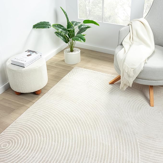 Abani Neutral Beige Area Rug 6' Round for Living Room, Bedroom - Zen Reiki Circles Pattern - Durable & Easy to Clean
