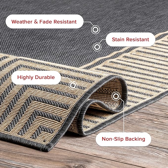 Nuloom Asha Dark Grey/Ivory, 2' x 8', Casual, Striped Border, Soft and Cozy, High Traffic, Stain Resistant, Easy Clean, Durable Runner for Indoor/Outdoor Patio, Deck, Porch, Garden, Courtyard