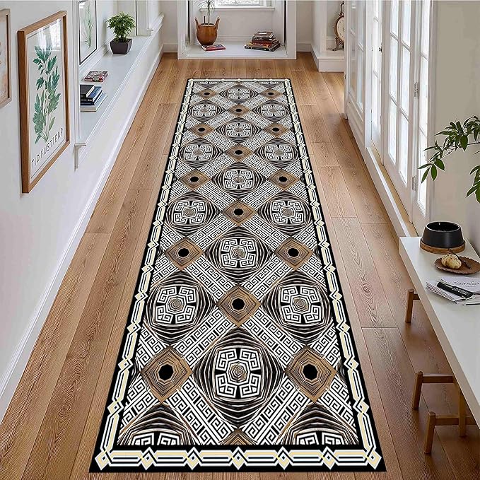 Classic Geometric Runner Rug, 3.3x7ft, Greek Key Print Runners Rugs, Vintage Moroccan Checkered Carpet, Cozy Short Pile No Crease Farmhouse Rugs for Living Room Laundry