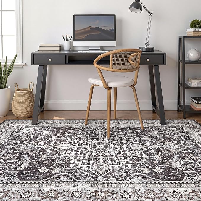 Black Rug Living Room Rugs: 7x9 Washable Boho Large Vintage Moody Soft Stain Resistant Oriental Farmhouse Non-Slip Indoor Floor Carpet for Bedroom Playroom Office Dining Room Retro Home Decor