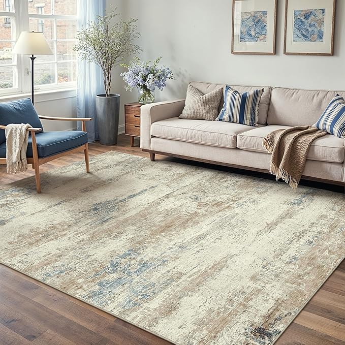 5x7 Area Rug Washable Beige Brown Abstract Living Room Carpet Non Slip Modern Neutral Soft Low Pile Contemporary Aesthetic Bedroom Indoor Rug for Office Laundry Dining Room Kitchen
