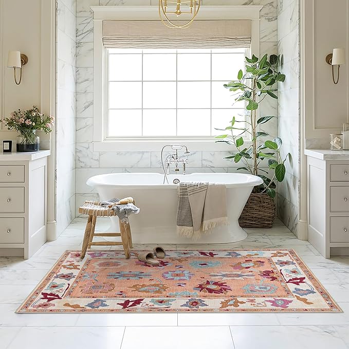 Fame Living Orange Oushak Rug, Modern, Vintage, Turkish, Eclectic, Floral, Pastel, Washable, Extra Large Area Rugs for Living Room, Dining, Bedroom, Lounge, 9'x12'
