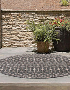 Unique Loom Outdoor Trellis Collection Area Rug - Tribal Trellis (13' Round, Charcoal Gray/ Natural)