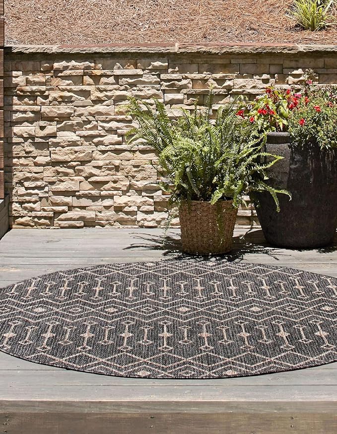 Unique Loom Outdoor Trellis Collection Area Rug - Tribal Trellis (13' Round, Charcoal Gray/ Natural)