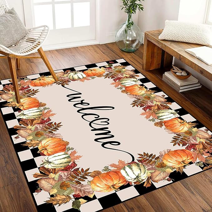 Checkered Area Rugs, 3x4ft, Black and White Check with Fall Leaves Pumpkin Autumn Harvest Carpet, Entrance Rubber Non Slip Breathable Fall Rug for Dining Room Laundry