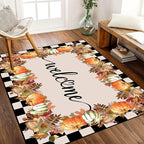 Checkered Area Rugs, 5x8ft, Black and White Check with Fall Leaves Pumpkin Autumn Harvest Carpet, Entrance Rubber Non Slip Breathable Fall Rug for Dining Room Laundry