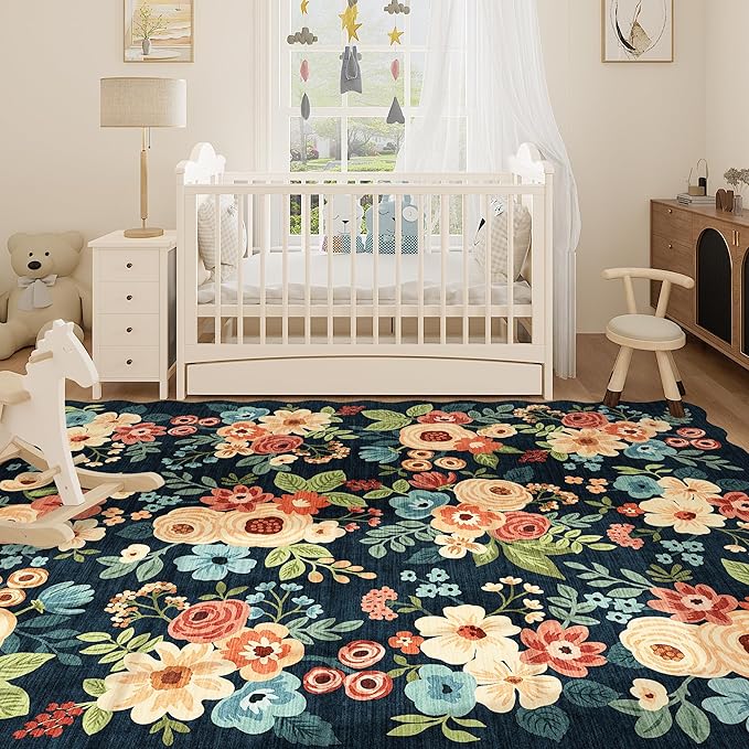 DUKINO 8x10 Area Rug, Floral Washable Rugs for Living Room with Non Slip Backing & Non-Shedding, Lightwight Low Pile Boho Design Large Carpets for Bedroom, Living Room, Dining Room, Navy Blue