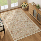 DUKINO 4x6 Rugs for Living Room, Lightweight Non Slip Washable Rug with Low Pile Design, Vintage Floral Non-Shedding Soft Carpet for Living Room, Bedroom, Farmhouse, Office, Bathroom, Beige