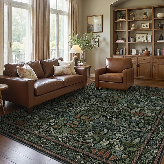 Bavni Floral Dark Green Area Rugs 8x10, Vintage Boho Carpet Machine Washable, Non Slip Soft Low Pile Thin Rug for Bedroom, Living Room, Dining Room, Nursery