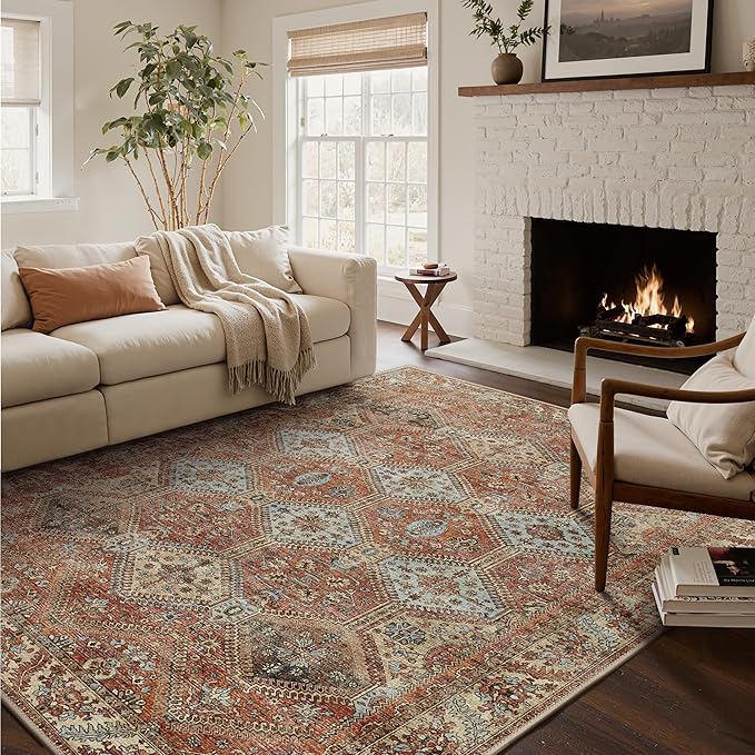 Bavni Clearance 6x9 Area Rugs for Living Room, Machine Washable Rug Non Slip, Vintage Chenille Distressed Print Carpet, Large Low Pile Ultra-Thin Lightweight Rugs for Bedroom, Dining Room, Spice Sky