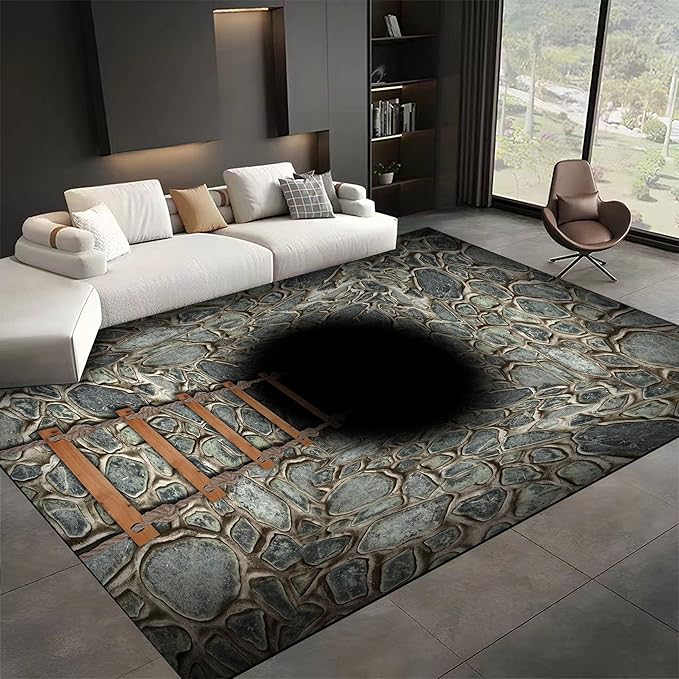 3D Deep Abyss Canyon Indoor Rug, 3x4ft, Stone Built Cave Wooden Ladder Carpet for Entryway, Durable Non-Shedding Pet Friendly Mats, Floor Decor Low Pile Easy Clean Rugs for Family