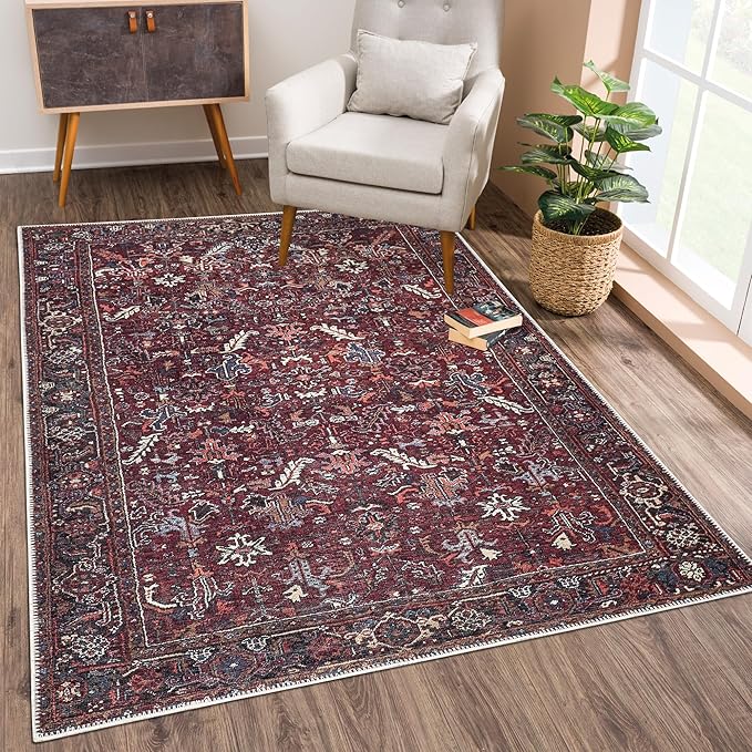 Bloom Rugs Washable Non-Slip 9' x 12' Rug - Burgundy Traditional Bordered Area Rug for Living Room, Bedroom, Dining Room, and Kitchen - Exact Size: 9' x 12'