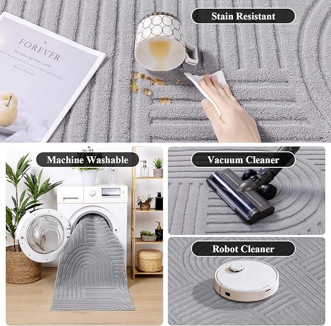 SHACOS Soft Cozy Fluffy Arch Pattern High Low Pile Rugs 3'x5' Non Slip Washable Scandinavian Minimalist Rug Modern Geometric Arc Carpet for Living Room Bedroom Dining Room, Light Grey
