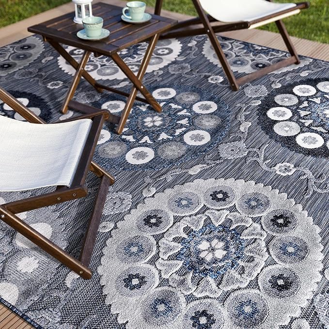 CAMILSON Indoor Outdoor Rug 8x10 Bohemian Medallion Floral Area Rugs for Indoor and Outdoor Patios Easy-Cleaning Non-Shedding Living Room Garden and Kitchen Washable Outside Carpet (8 x 10 / Navy)