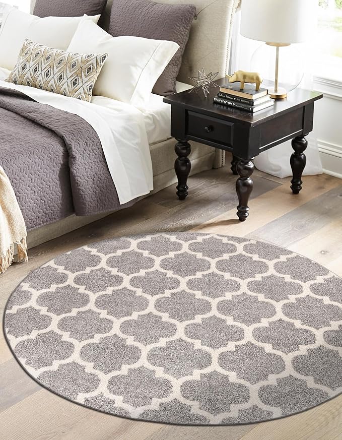 Rugs.com Lattice Collection Rug – 8 Ft Round Dark Gray Medium-Pile Rug Perfect for Kitchens, Dining Rooms