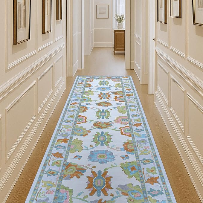 Fame Living Colorful Oushak Runner Rug, Modern Runners, Vintage, Turkish, Eclectic, Floral, Pastel, Washable, Runner for Hallway, Kitchen, Bedroom, Bathroom, 2'5"x9'8"