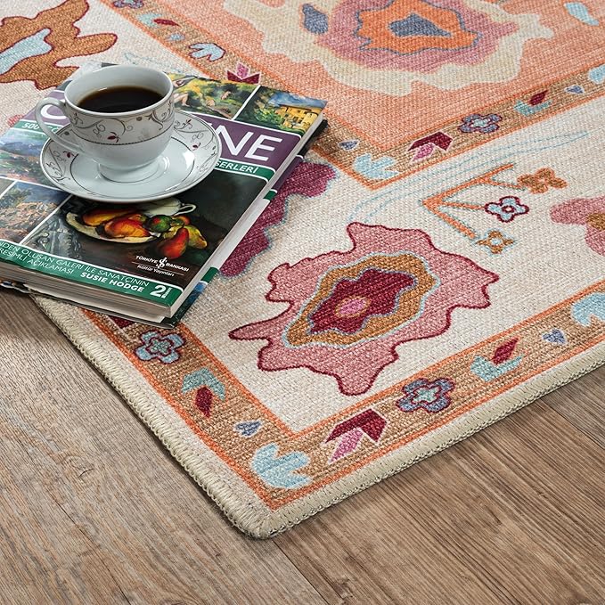 Fame Living Orange Oushak Rug, Modern Small Rugs, Vintage, Turkish, Eclectic, Floral, Pastel, Washable, Door mat, Doormat for Indoor Entrance, Entryway, Kitchen, Bathroom, Bedroom, Laundry, 2'x3'