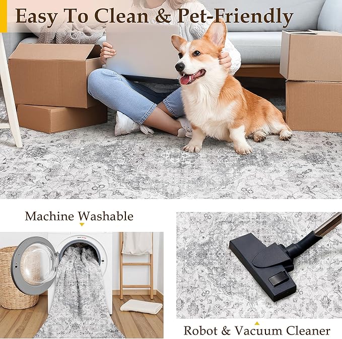 HUGEAR Area Rug 8x10 Vintage Grey Machine Washable Living Room Rugs Thin Neutral Floral Vacuumable Low Pile Carpet Bedroom Office Dining Room Laundry Room Non Slip Soft Lightweight