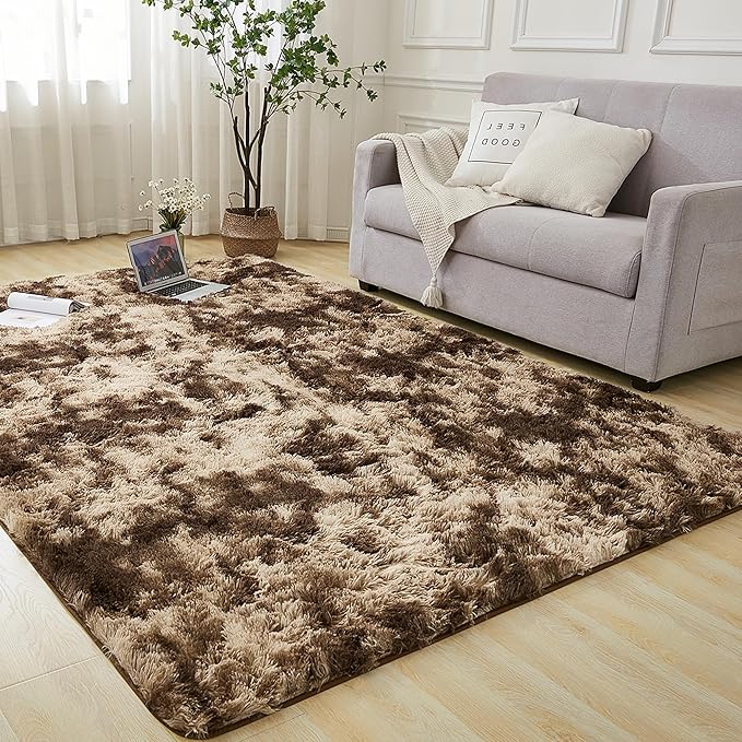 Andency 6x9 Area Rugs, Large Shag Fluffy Soft Shaggy Rugs for Living Room Bedroom, Non-Slip Tie-Dyed Brown Thick Plush Carpet for Kids Girls and Boys, Dorm Nursery Home Decor Aesthetic