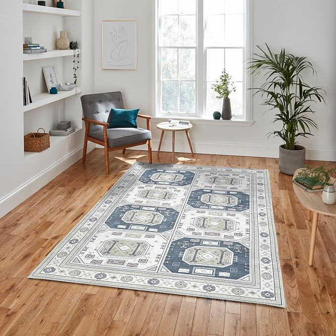 Fame Living Faded Oushak Rug, Turkish Vintage Floral Pastel Large Oversized Area Rugs for Living Room Dining Bedroom Kitchen Bathroom Nursery (848CrNv, 2' x 3')