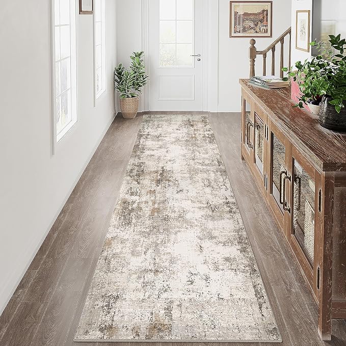 2x10 Washable Runner Rug Brown Grey Abstract Hallway Kitchen Throw Rug Neutral Modern Non Slip Soft Low Pile Carpet for Bathroom Laundry Bedroom Living Room