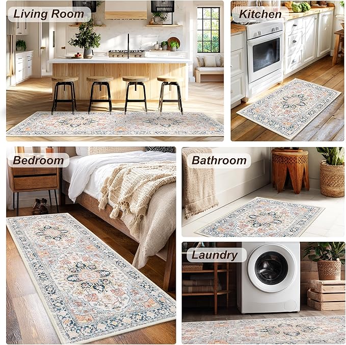 XWZO Runner Rug 2x6ft, Washable Hallway Runner with Non-Slip Backing, Vintage Spill Stain Resistant Floor Mat for Entryway Corridor Bedroom Kitchen, Soft Low-Pile Area Carpet, Colorful