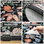 Area Rugs 9x12 Living Room: Floral Washable Rug Vintage Large Soft Boho Non-Slip Carpet Indoor Stain Resistant Low Pile Carpets for Bedroom Dining Room Farmhouse Nursery Hallway Home Office Dark Black