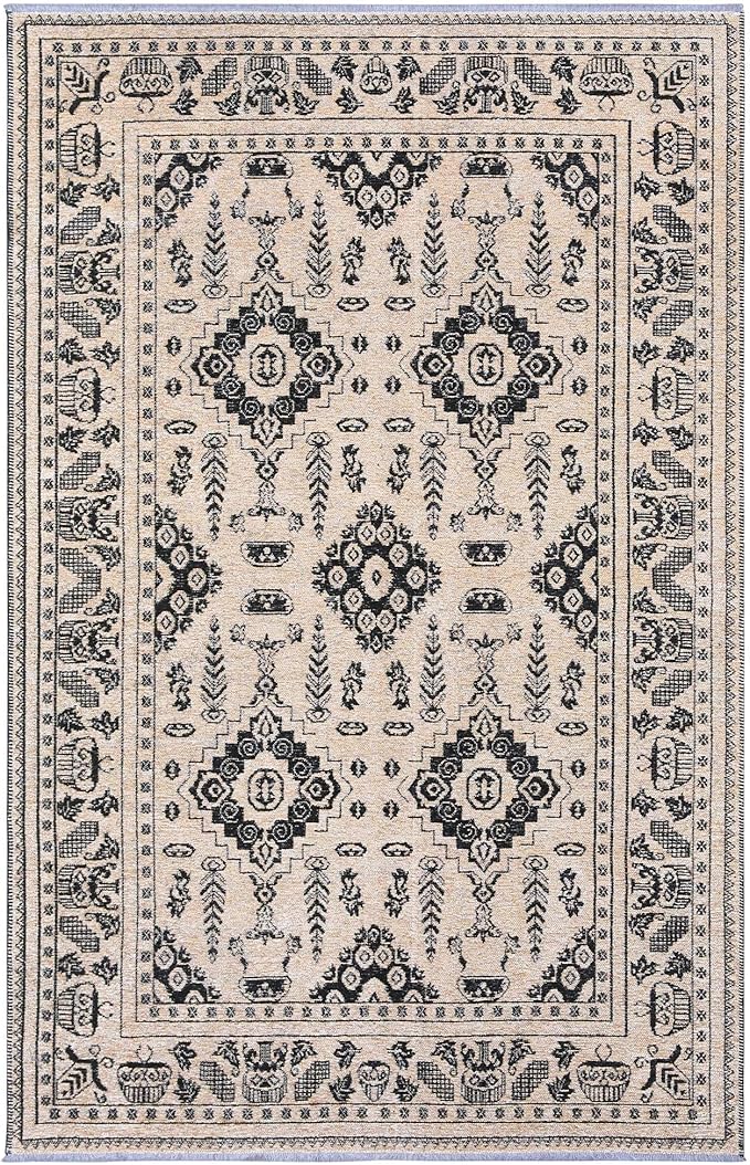 Alfa Rich 7x10 Beige Black Washable Area Rugs for Living Room Bedroom Kitchen Dining Cotton Rug