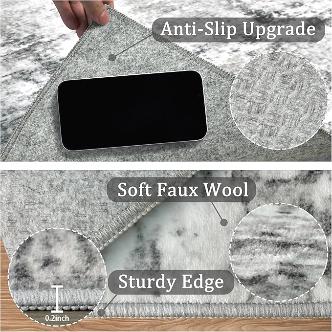 3x5 Machine Washable Area Rug for Entryway, Grey Modern Vintage Abstract Rug Non-Slip Low Pile Soft Faux Wool Small Carpet, Kids and Pets Friendly for Bedroom Kitchen Hallway Home Decor Rug