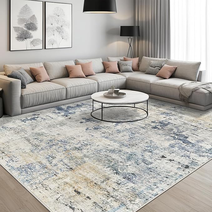 Abstract Rug 5x7 Machine Washable Area Indoor Blue Yellow Low Pile Non-Slip Foldable Thin Accent Rugs for Bedroom Living Room Dining Room