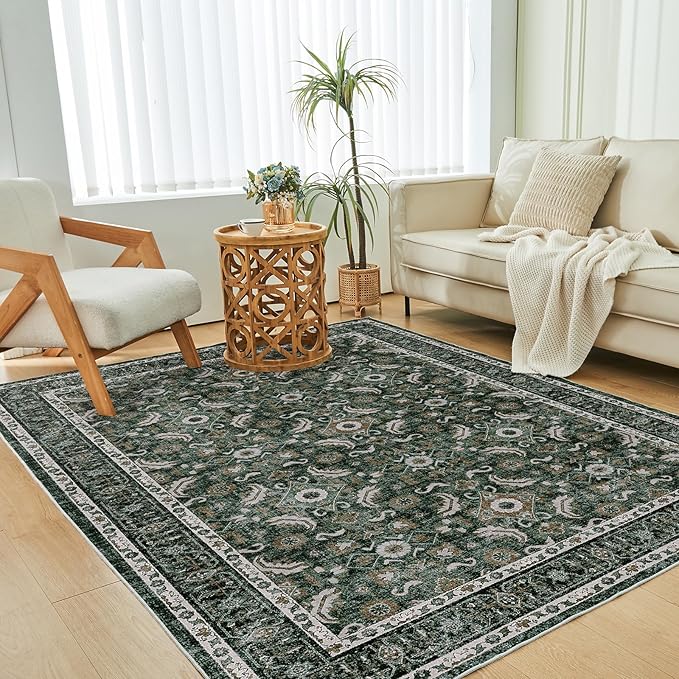 WITSHOCK Living Room Area Rugs 5x7: Soft Non-Slip Backing Washable Rugs Vintage Large Carpet for Bedroom Office Dining Room Kitchen Stain Resistant Home Decor Rug, Dark Green
