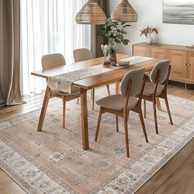 GENIMO 5x7 Area Rugs for Living Room, Machine Washable Non Slip Vintage Retro Rugs, Low Pile Lightweight Chenille Print Rug for Bedroom, Dining Room, Home Office, Salmon
