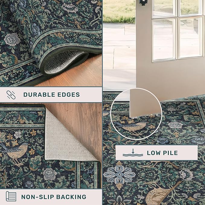 Washable Floral Small 2x4 Thin Door Mats for Inside Entry, Dark Blue Bird Non Slip Kitchen Rug, Low Pile Bathroom Rug, Traditional Carprt for Bedroom Besdide Bed