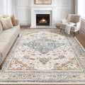 7x10 Area Rug Living Room: Washable Boho Large Neutral Vintage Soft Rug Stain Resistant Distressed Farmhouse Non-Slip Indoor Floor Carpet for Bedroom Nursery Kids Office Dining Room- Beige Blue
