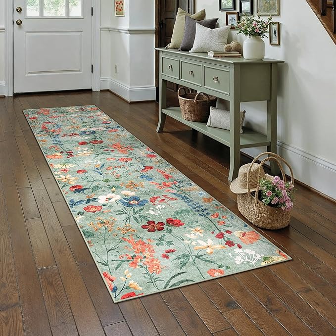 Floral Runner Rug 2x5 Washable Hallway Long Green Bedroom Carpet Non Slip Indoor Boho Kitchen Low Pile Accent Rug Lightweight Soft for Bathroom Dining Laundry Living Room