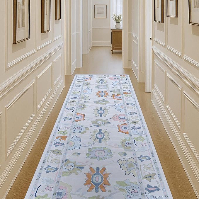 Fame Living Cream Oushak Runner Rug, Vintage Runners, Turkish, Eclectic, Floral, Pastel, Washable, Small Throw Rugs, Short Runner for Hallway, Entryway, Laundry, Bedroom, Kitchen, Bathroom, 2'5"x6'5"