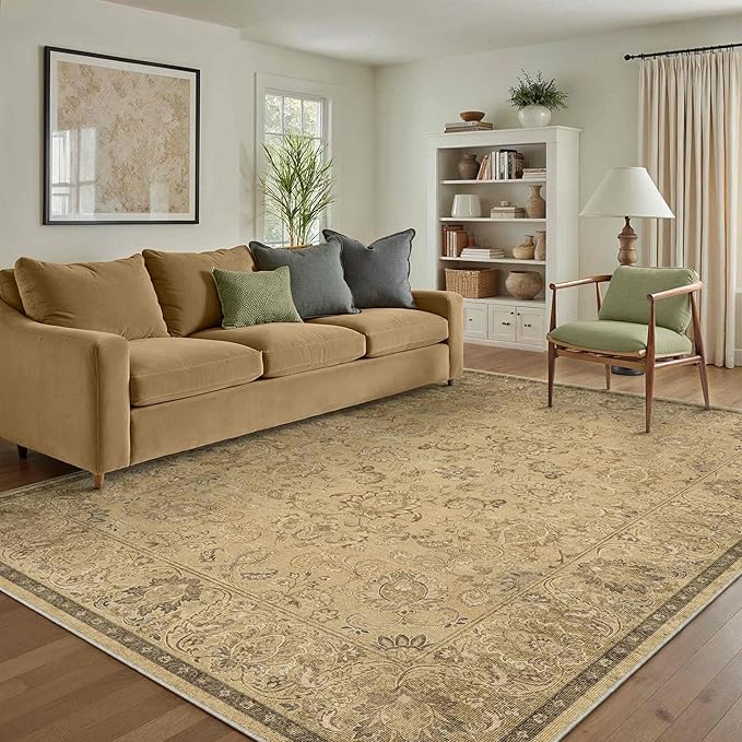 HUGEAR 9x12 Machine Washable Area Rugs Vintage Brown - Neutral Living Room Bedroom Rug Non Slip Stain Resistant Low Pile Aesthetic Throw Carpet Kids & Pet Friendly