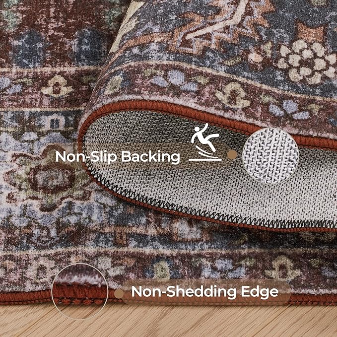 Kokia 4x6 Washable Area Rugs Maroon with Vintage Orient Design, Soft Rug for Living Room or Bedroom, Non-Slip Low Pile Stain Resistance Features, Distressed Medallion Pattern