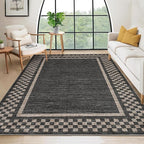 GarveeHome Area Rug 10x13 Living Room Rug Modern Bordered Soft Large Area Rugs for Bedroom Washable Checkered Dining Room Throw Carpet Non Slip Stain Resistant Geometric Rugs for Home Office, Black