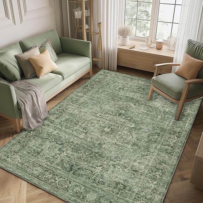 FMFUNCTEX 5x7 Washable Area Rug Green Neutral Vintage Distressed Oriental Non Slip Low Pile Traditional Indoor Carpet for Living Room Bedroom Soft Retro Throw Rug for Dining Office Kitchen Entryway